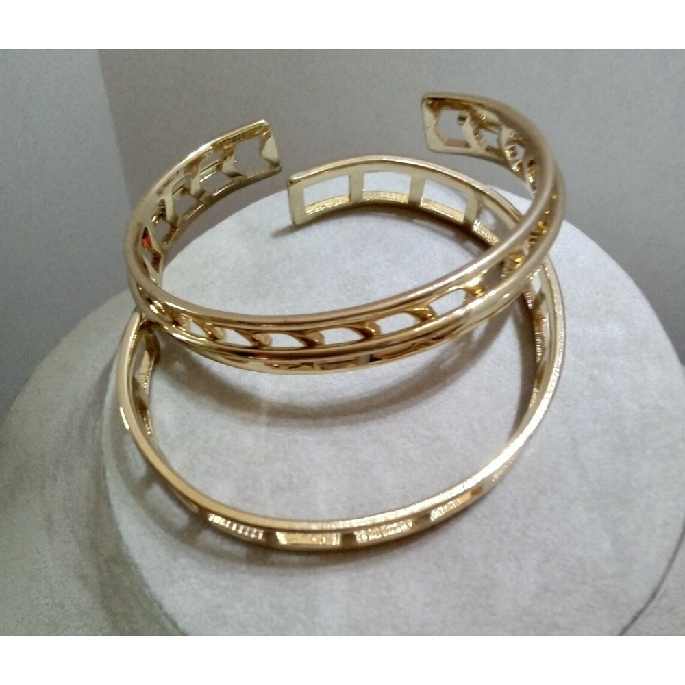 Gold Tone Cutout Cuff Bracelet Set Geometric‎ Open Work Bangle Jewelry 2pc